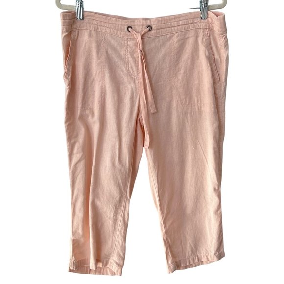Per Se Pull-On Capri Pants Women L Drawstring Peach Linen Blend Cropped Classic - Picture 1 of 8